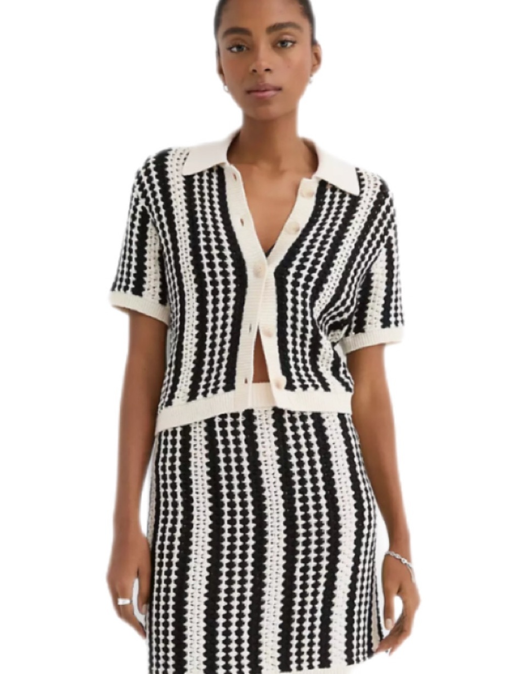 LOFT Black and White Short-Sleeve Button-Down Knit Top